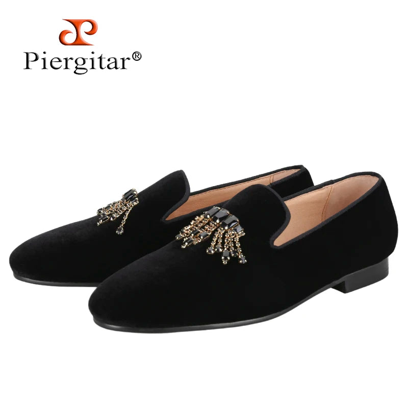 Piergitar Black Color Men Velvet Shoes With Handmade Rhinestones Buckle For Party And Wedding Classic Model Slip-On Loafers