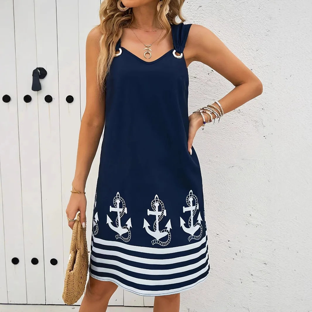 2025 New Women's Vest Skirt Pocket Ethnic Style Fashion Printed V-neck Simple Vacation Beach Mini Dress for Female