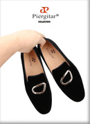 Piergitar Black Velvet Classic Men's Loafers For Fashion Party And Wedding Circle Metal Buckles Slip-On Flats Red Color Outsoles