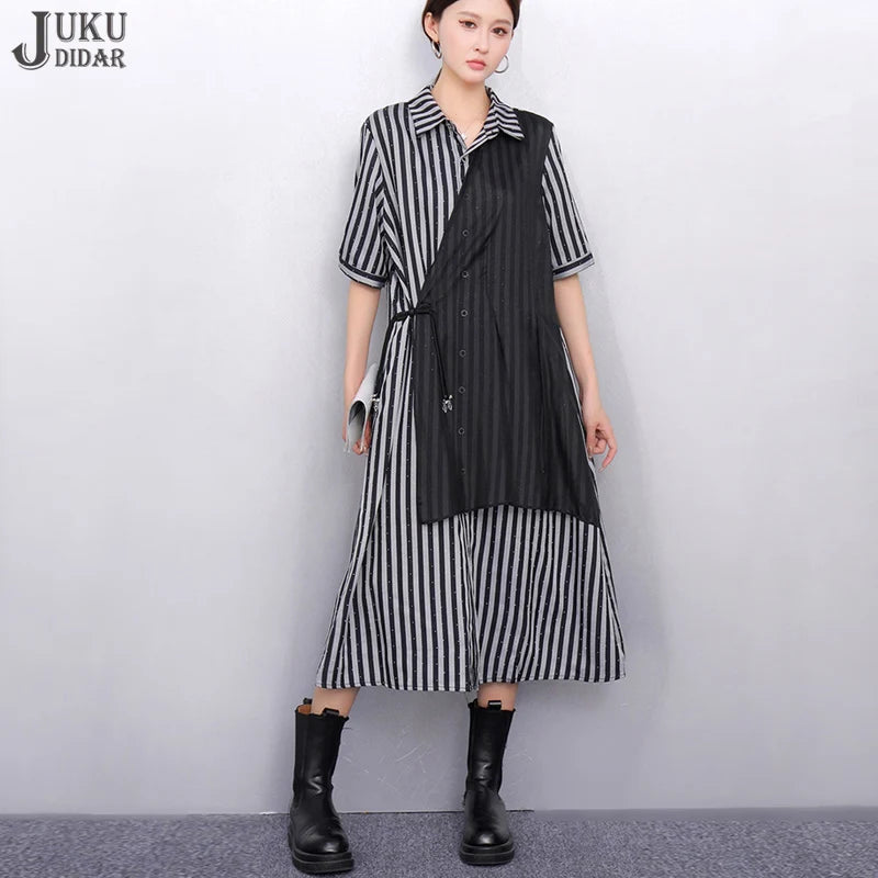 New Korean Style Hit Color Woman Summer Woman Short-Sleeve Striped Shirt Dress Loose Fit Chic Casual Large Dress Robe JKXD035