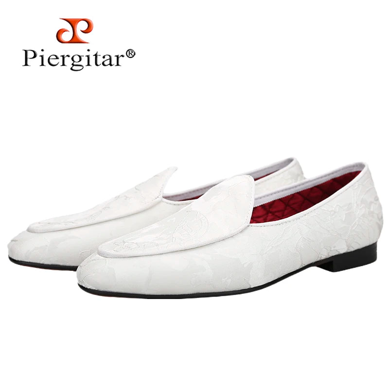 Piergitar 2022 New Black And White Color Three-Dimensional Thread Flower Silk Men's Loafers Handmade Moccasin For Party/Wedding