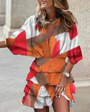 Women's V-Neck Elastic Waist Printed Ruffle Dress
