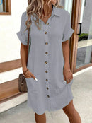 Summer Simple V-neck Button Up Dress Woman Cotton Linen White Short Sleeved Pocket Casual Solid Loose Shirt Mini Dress 2025