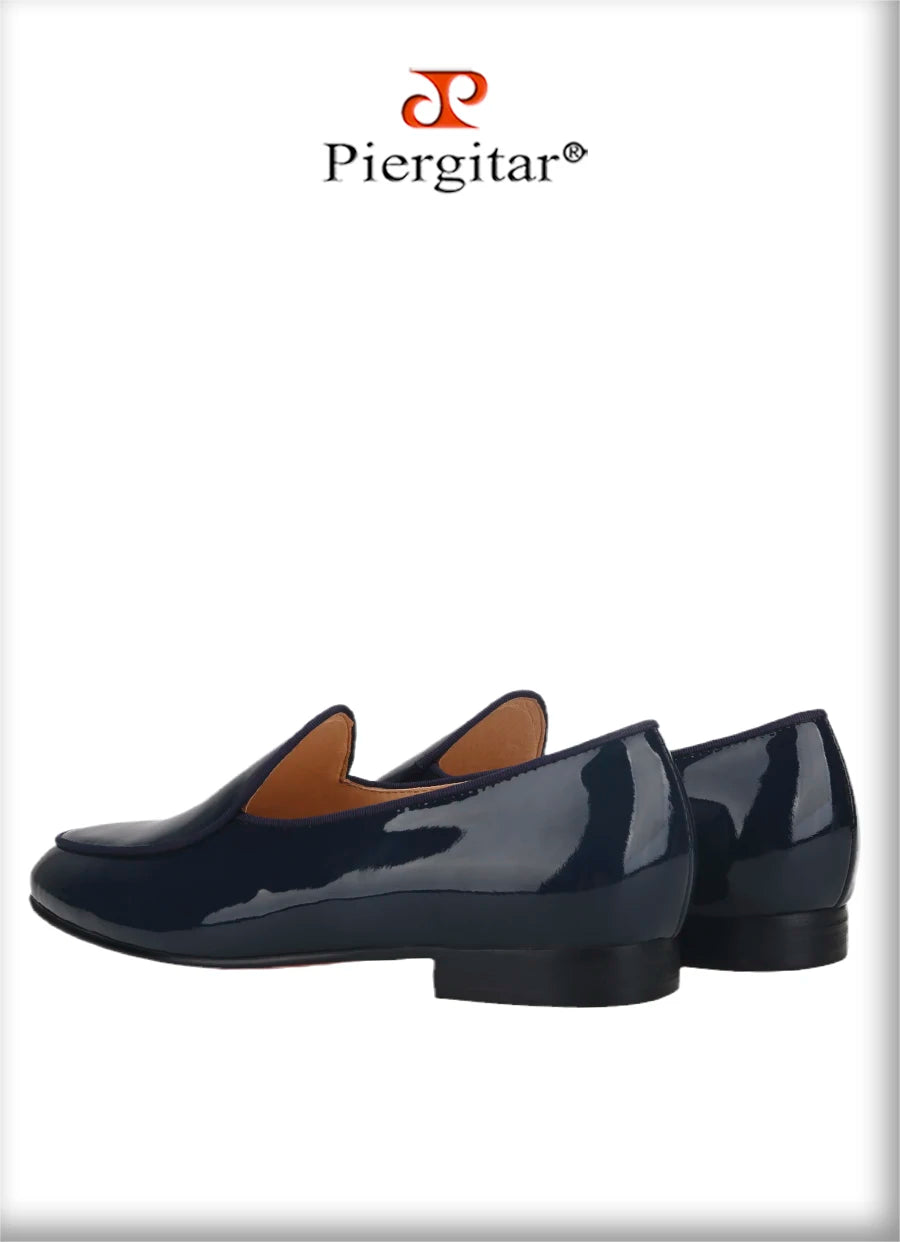 Piergitar Classic Style Black Patent Leather Slip-On Loafers For Party And Wedding Handmade Men's Dress Shoes Luxury Red Bottom
