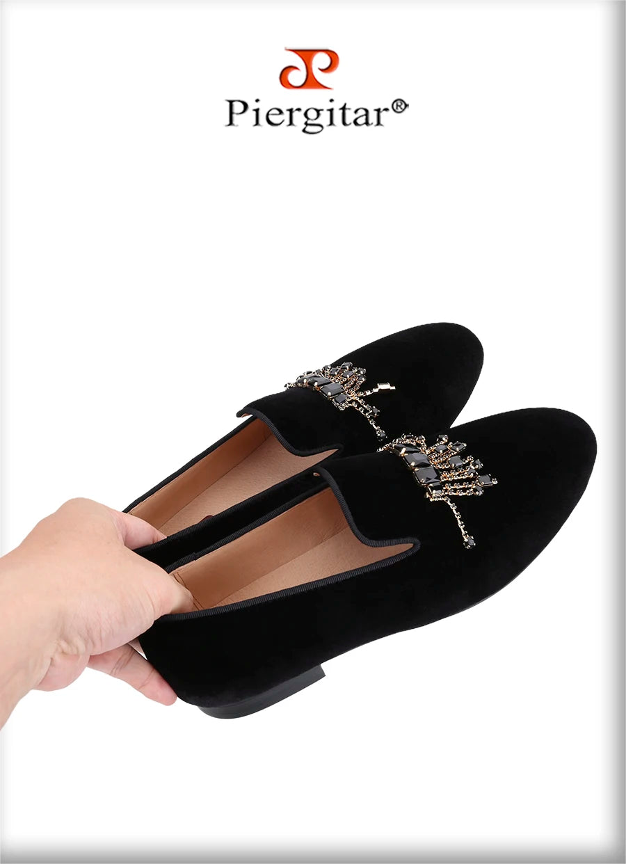 Piergitar Black Color Men Velvet Shoes With Handmade Rhinestones Buckle For Party And Wedding Classic Model Slip-On Loafers