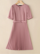 Summer Dress Women V-neck Short Sleeve Solid Pleated