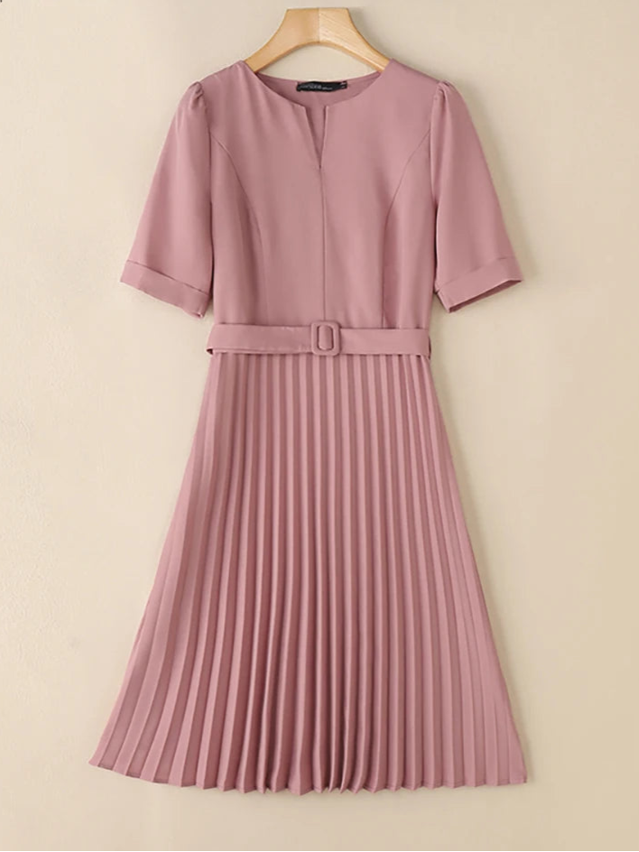 Summer Dress Women V-neck Short Sleeve Solid Pleated