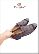 Piergitar Flash Purple Sequined Canvas Slippers With Patent Leather Toes Handmade Men Moccasins For Party And Wedding Plus Size