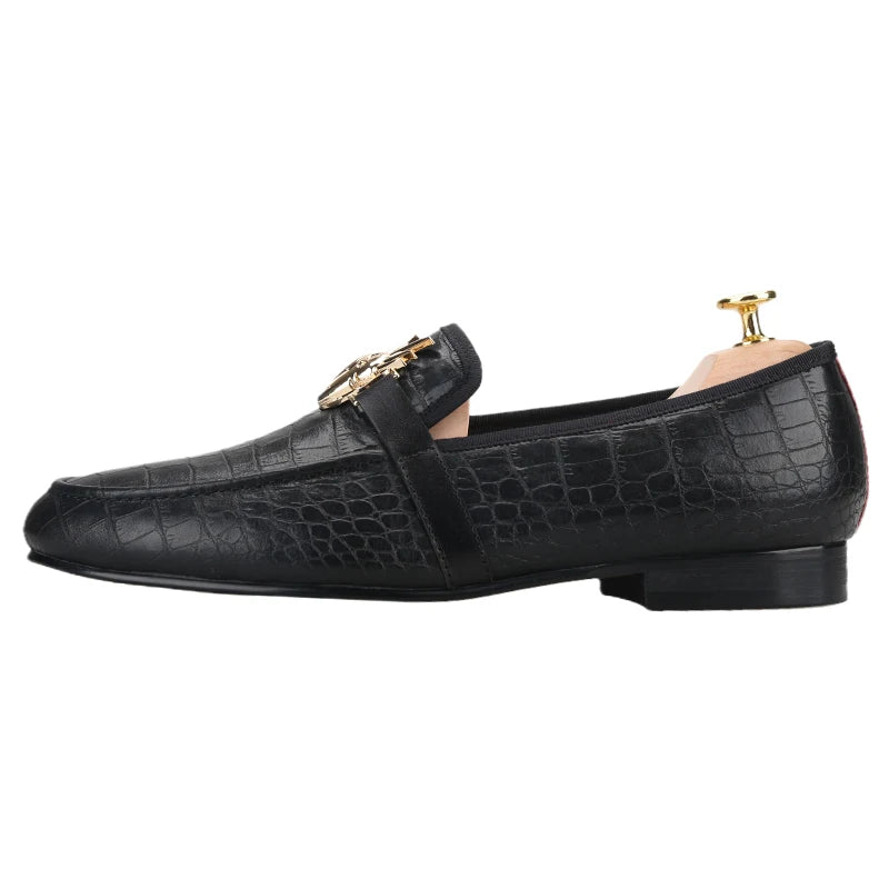 Piergitar Black Cow Leather Men Smoking Slippers Fashion Metal Buckle Handmade Slip-On Loafers For Wedding And Party Plus Size