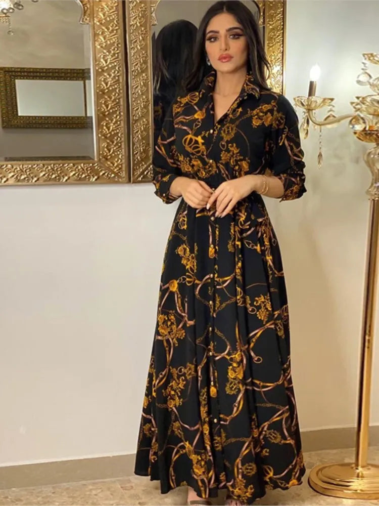 Digital Printed Single Breasted Long Dress Spring Autumn Women New Fashionable Women's Casual Long Sleeved Shirt Collar Dress