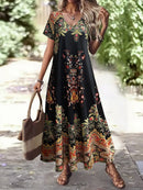 Women's Summer Floral Maxi Dress, V - Neck Short Sleeve, Ideal Vacation Outfits Women, Flowy Dress Summer