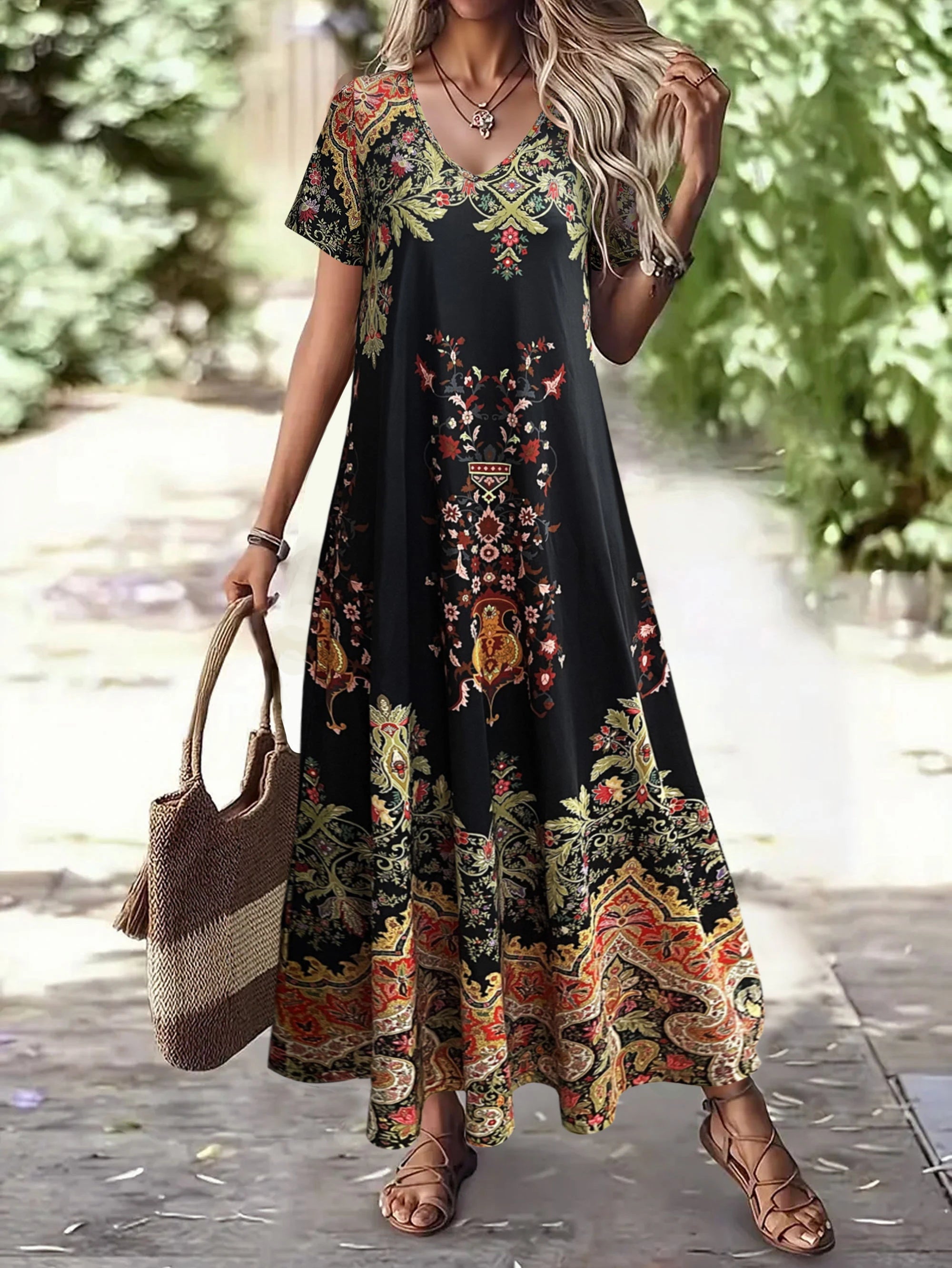 Women's Summer Floral Maxi Dress, V - Neck Short Sleeve, Ideal Vacation Outfits Women, Flowy Dress Summer