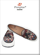 Piergitar Brand 2023 White Cotton Canvas Of Paisley Pattern Men's Loafers Fashion Party Handmade Leahter Tassel Shoes Plus Size