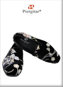 Piergitar Black And Grass Green Velvet With Handmade Classical Chinese Style Sequin Embroidery Men's Loafers Red Sole Moccasins