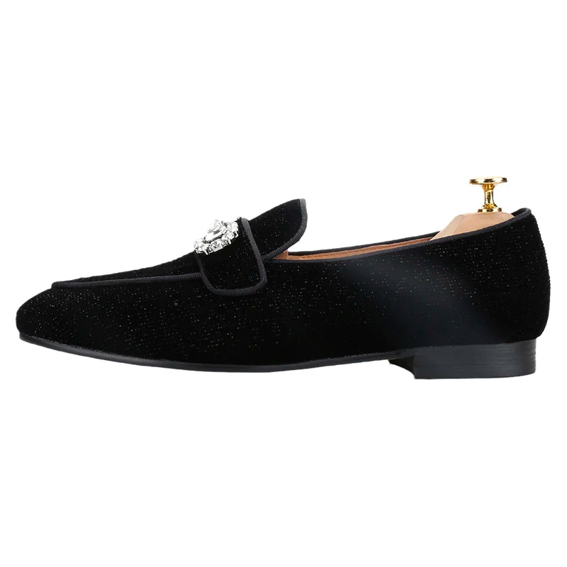 Black Velvet Loafers For Men With Crystal Rhinestone Horsebit Embellishments