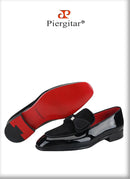 Piergitar Black Patent Leather Patchwork Velvet Men's Loafers Handmade Bow Tie Moccasins British Classic Style Smoking Slippers