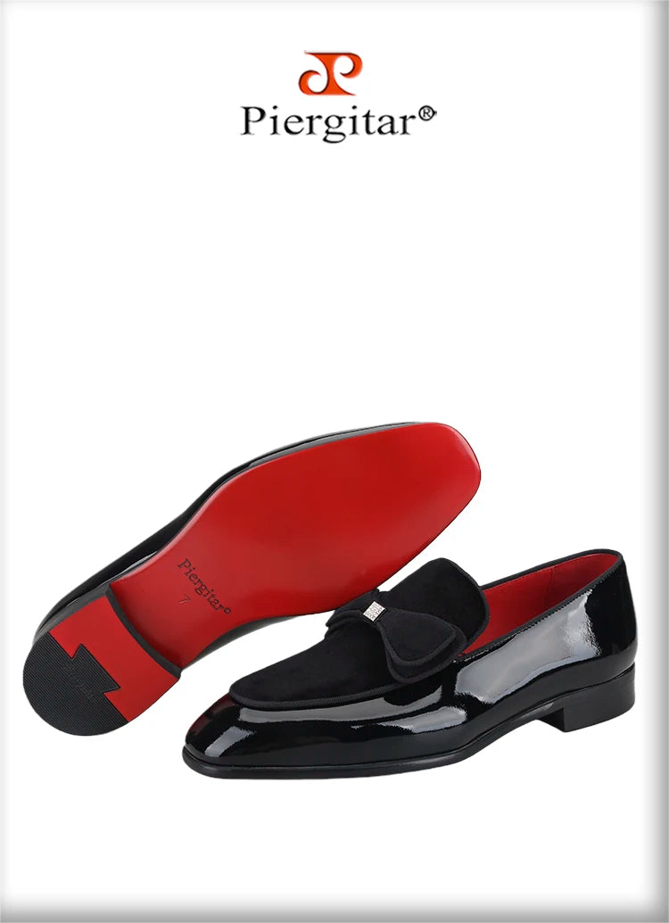 Piergitar Black Patent Leather Patchwork Velvet Men's Loafers Handmade Bow Tie Moccasins British Classic Style Smoking Slippers
