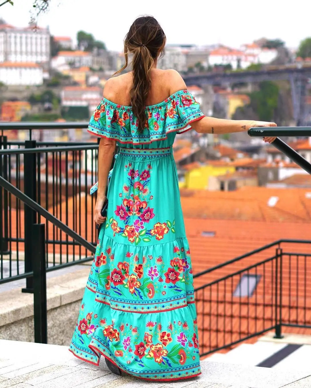 2024 Spring/Summer New Women Retro Fashion One Shoulder Red Flower Printed Waist Collection Long Style Large Swing Casual Dress