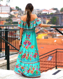 2024 Spring/Summer New Women Retro Fashion One Shoulder Red Flower Printed Waist Collection Long Style Large Swing Casual Dress