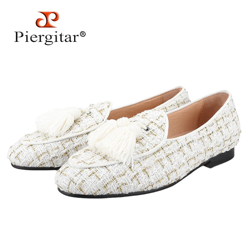 Piergitar 2025 White And Black Colors Tweed Men's Loafers With Handmade Tassels British Classic Style Slip-On Smoking Slippers