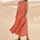 Women Linen Sundress Summer Female Sleeveless Double Big Pocket Loose Sand Beachwear Long Dress Oversized