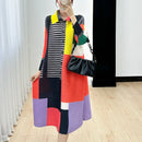 Miyake Women's Color Matching Dress, Autumn and Winter New Fashion Print Pleats, Medium Length, Loose Length Skirt