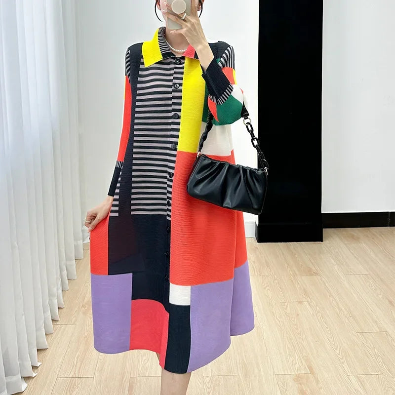 Miyake Women's Color Matching Dress, Autumn and Winter New Fashion Print Pleats, Medium Length, Loose Length Skirt