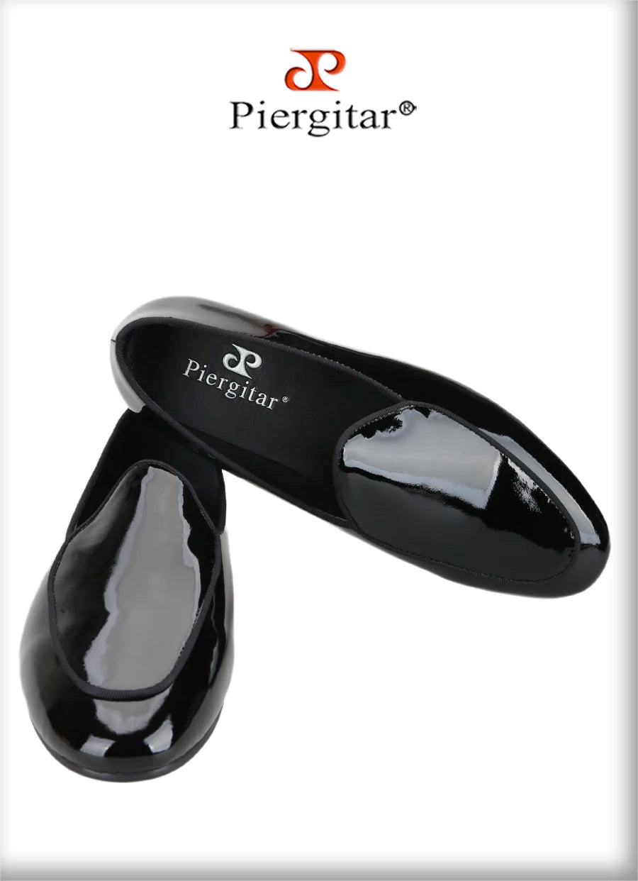 Piergitar Classic Style Black Patent Leather Slip-On Loafers For Party And Wedding Handmade Men's Dress Shoes Luxury Red Bottom