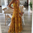 Bohemian Style Women's Clothing Long Dress New  Suspender Long Dress High Waist V-neck Printed Floral Dress Women's Clothing