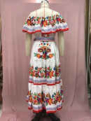 2024 Spring/Summer New Women Retro Fashion One Shoulder Red Flower Printed Waist Collection Long Style Large Swing Casual Dress