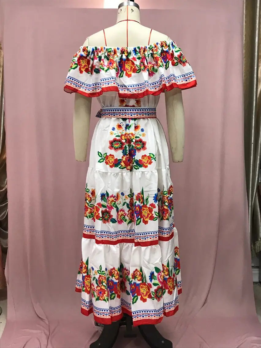 2024 Spring/Summer New Women Retro Fashion One Shoulder Red Flower Printed Waist Collection Long Style Large Swing Casual Dress