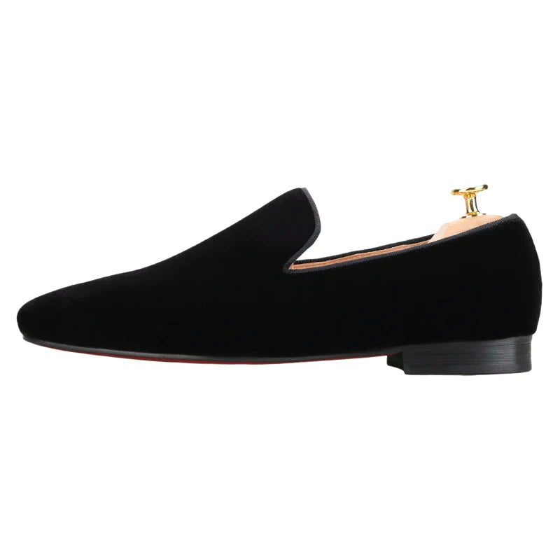 Piergitar Black Color Men Velvet Flats Shoes For Wedding And Party CL Brand Same Square Toe Slip-On Loafers Red Bottom Slippers