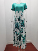 2023 European and American style floral print color matching long sleeved dress, long women's large swing skirt