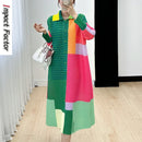 Miyake Women's Color Matching Dress, Autumn and Winter New Fashion Print Pleats, Medium Length, Loose Length Skirt