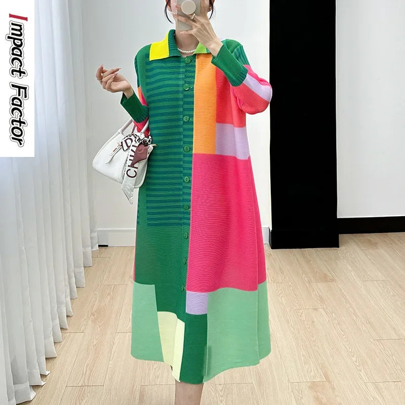 Miyake Women's Color Matching Dress, Autumn and Winter New Fashion Print Pleats, Medium Length, Loose Length Skirt