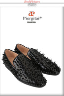 Piergitar Black Patent Leather Men's Loafers With Handmade Different Shapes Of Spikes For Fashion Party CL Brand Red Sole Shoes