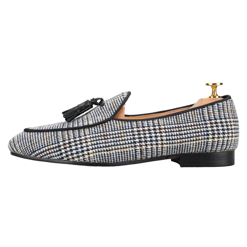Piergitar Gray Color Gingham Cotton Men's Loafers With Leather Tassels Fashion Party Handmade Smoking Slippers Slip-On Flats