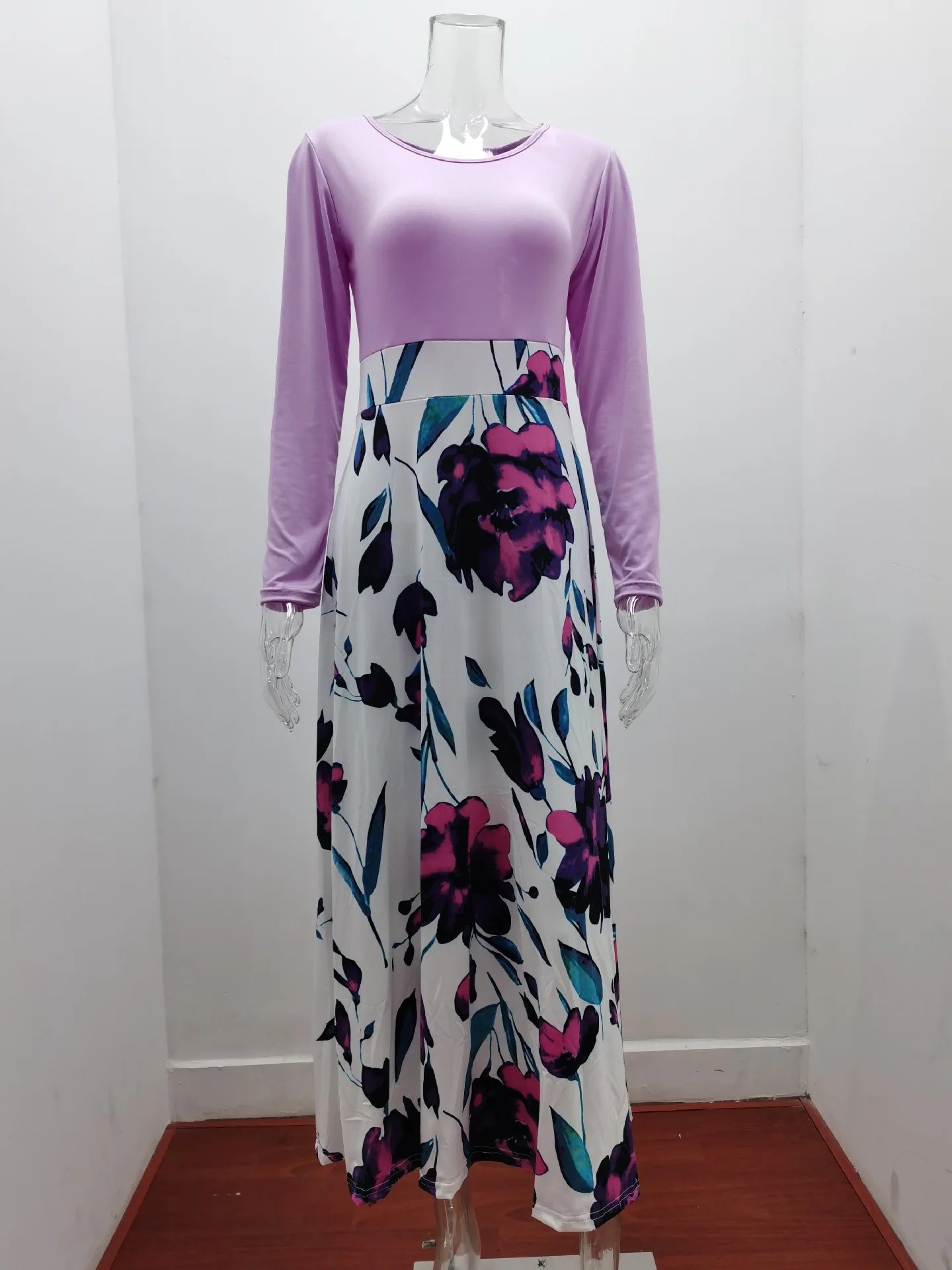 2023 European and American style floral print color matching long sleeved dress, long women's large swing skirt