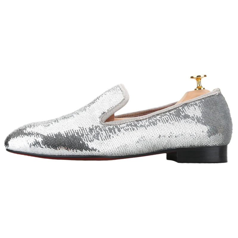 Men's Smoking Slippers With Red Outsole And Sequins for Weddings and Proms