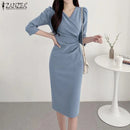 ZANZEA Summer Fashion Womens Dress Sexy Solid Color Knee Length Bodycon Sundress Elegant 3/4 Sleeve V-Neck Work OL Vestidos 2025