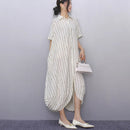 New 2025 Summer Woman Short-Sleeve Black Striped Shirt Dress Loose Fit Chic Big Size Casual Holiday Irregular Large Robe JKXD017