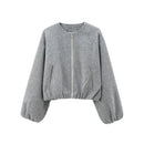 TRAF Outerwears Cropped Bomber Jacket Women Autumn Long Sleeve Faux Wool Coats For Woman Winter Zip Up Gray Beige Short Coats