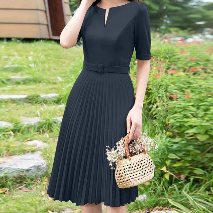 Summer Dress Women V-neck Short Sleeve Solid Pleated