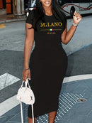 Ladies' Summer Fashion MILANO ITALIA Letter Pattern Printed Round Neck Short Sleeve Casual Slimming Sexy Fashion Dress