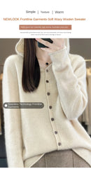 First Line 100% Merino Wool Knitted Cardigan Women's Autumn And Winter Hoodie Loose Sweater Fashionable Versatile Coat Top YC014