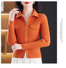 Spring Autumn Women Knitted Sweater Cardigan Short Jacket 2025 New Korean Fashion Zipper Solid Turn-Down Knit Coat Female Tops