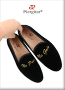Piergitar BLack Velvet Men Moccasin With Gold Personality Letters Embroidery For Banquet And Party Handmade Slip-On Loafers