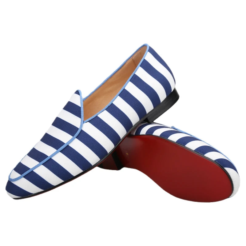 Piergitar 2022 New Arrival Blue And White Stripes Canvas Men Loafers For Party And Prom Handmade Male Slip-On Flats Red Bottom