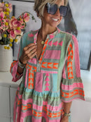 Women V Neck Three Quarter Sleeve Pullover Dress