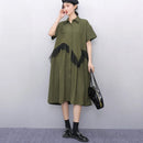 Mesh Ruffles Joined New 2025 Summer Woman Short-Sleeve Green Shirt Dress Loose Fit Tide Big Size Girls Casual Large Robe JKXD026